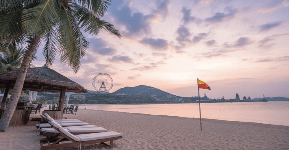 This beach offers white sand, turquoise water, and peaceful coconut trees